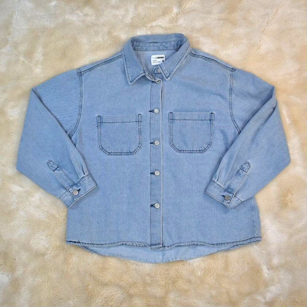 Cisono Denim Shacket Blue Jean Jacket Button-Up Oversized Shirt Women’s Size Med - Picture 5 of 12